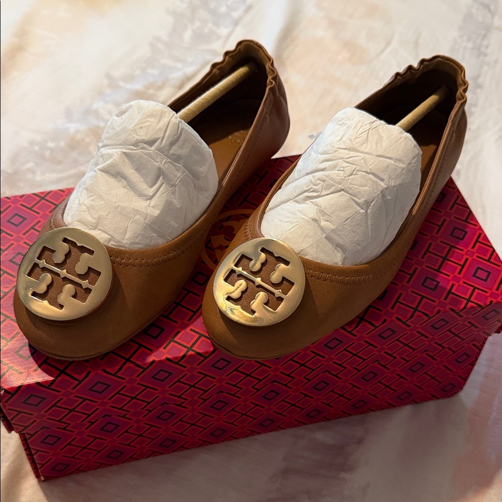 Tory Burch Tan Flats with Gold Logo